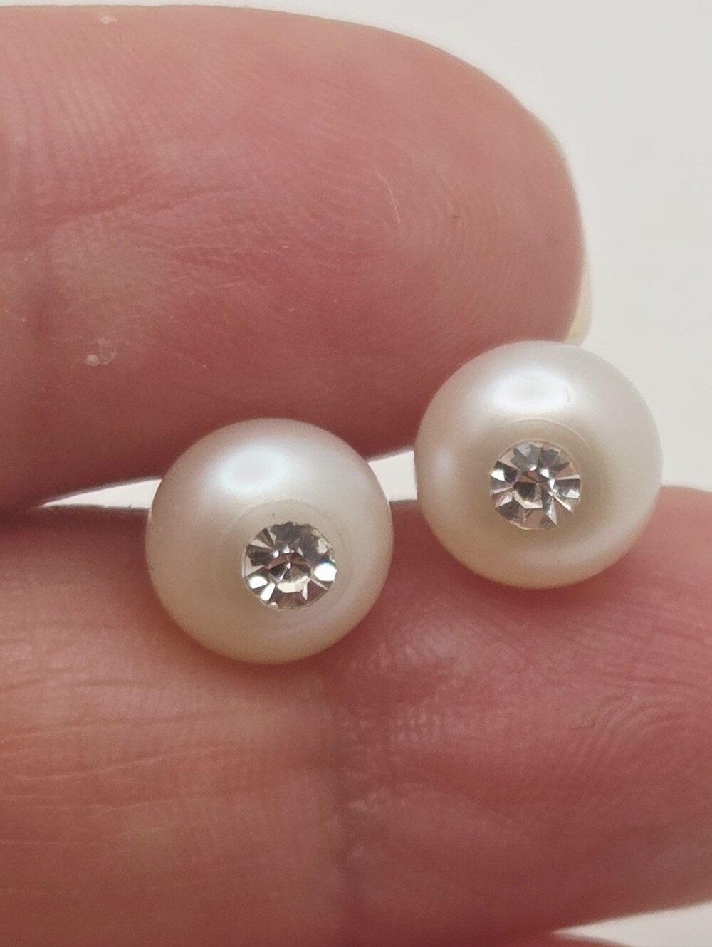 Genuine Cultured Pearl Stud Earrings Swarovski Crystal Center Inset Post Backs